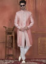 Silk Pink Wedding Wear Computer Thread Readymade Sherwani Set